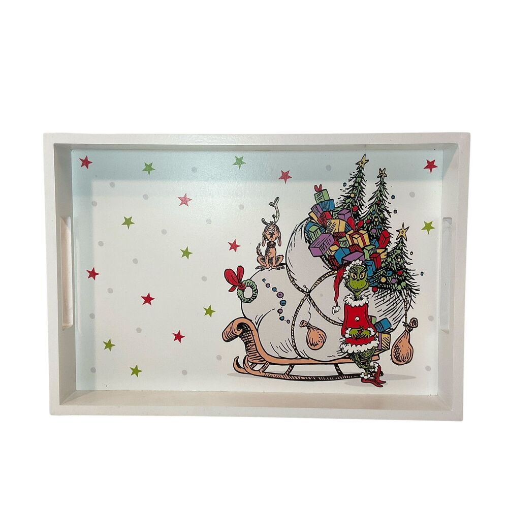 Dr Seuss Wood Tray The Grinch Stole Christmas Holiday Handles 14 X 10”